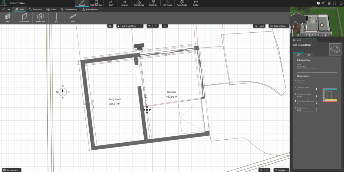 Cedreo UI shot of a blueprint drawing with 2D and 3D visualization