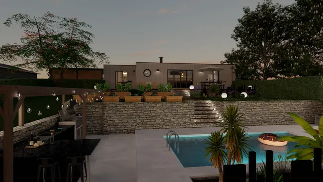 Tiny house at night with pool designed with Cedreo