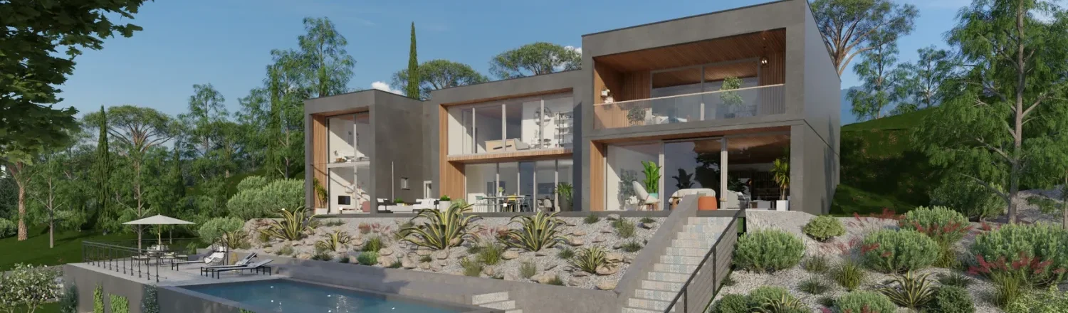 3D render of a modern house with pool created with Cedreo