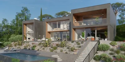 3D render of a modern house with pool created with Cedreo