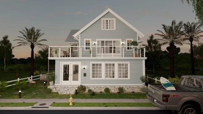 3D render of a coastal house by night designed with Cedreo