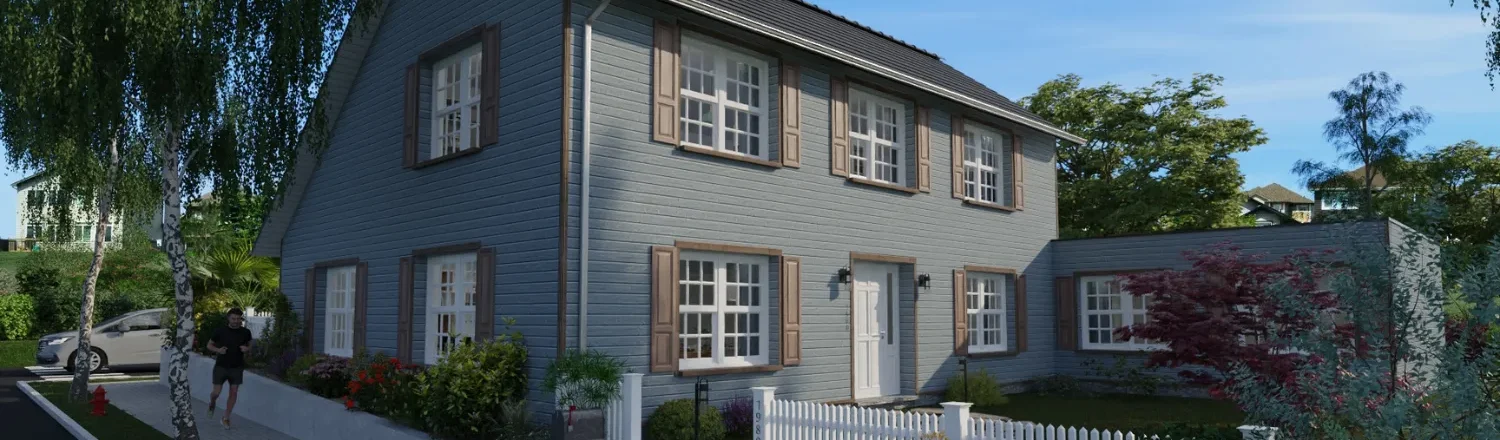 3D render of a fliped saltbox house designed with Cedreo