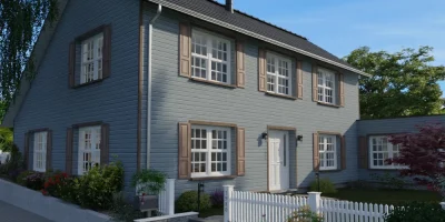 3D render of a fliped saltbox house designed with Cedreo