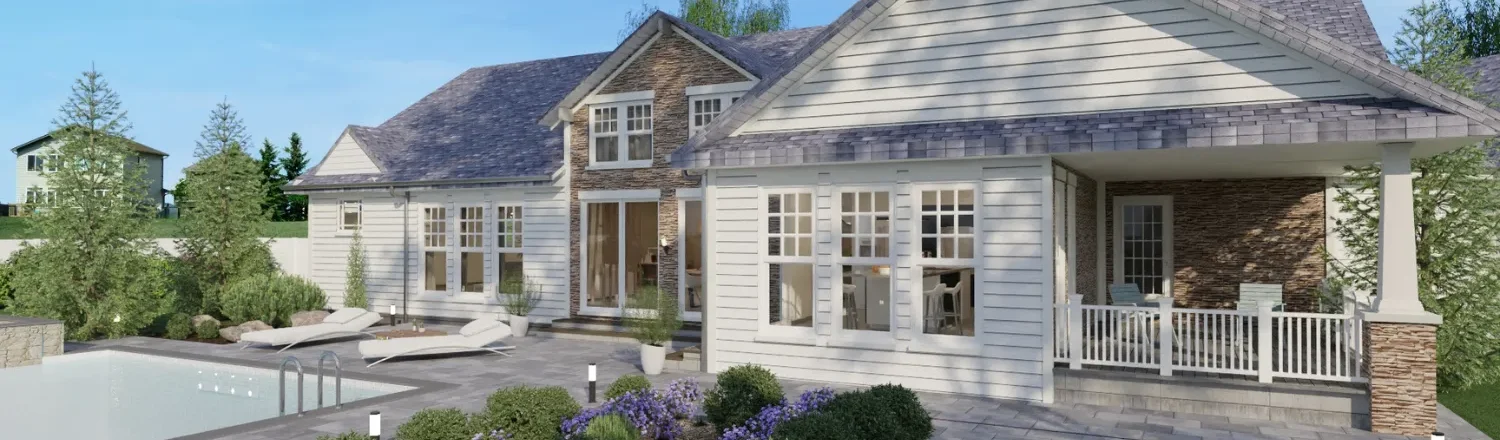 3D render of the rear facade of a Ranch house designed with Cedreo