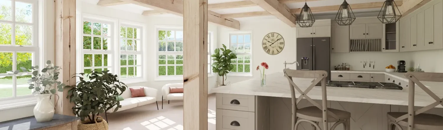 3D render of a kitchen with posts and beams designed with Cedreo