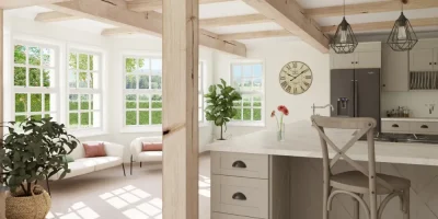 3D render of a kitchen with posts and beams designed with Cedreo