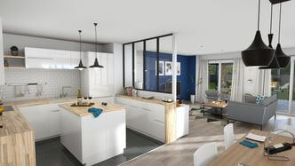 cuisine blanche ouverte sur le salon avec mur bleu lan de travail chêne