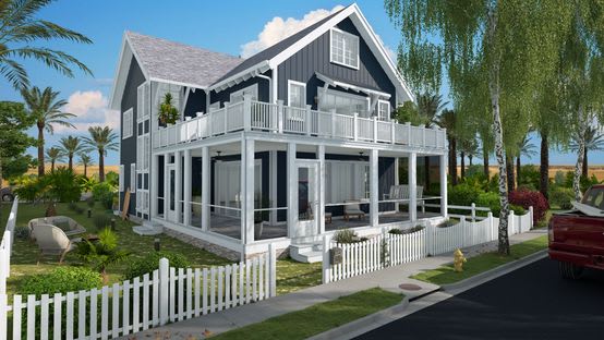 US coastal house front view in 3D