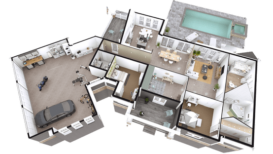 Mit Cedreo erstellte 3D-Visualisierung eines Ranch-Hauses