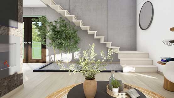 Modern living room with L shaped staircase