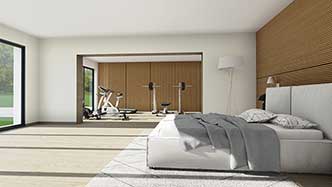 bedroom with home gym area