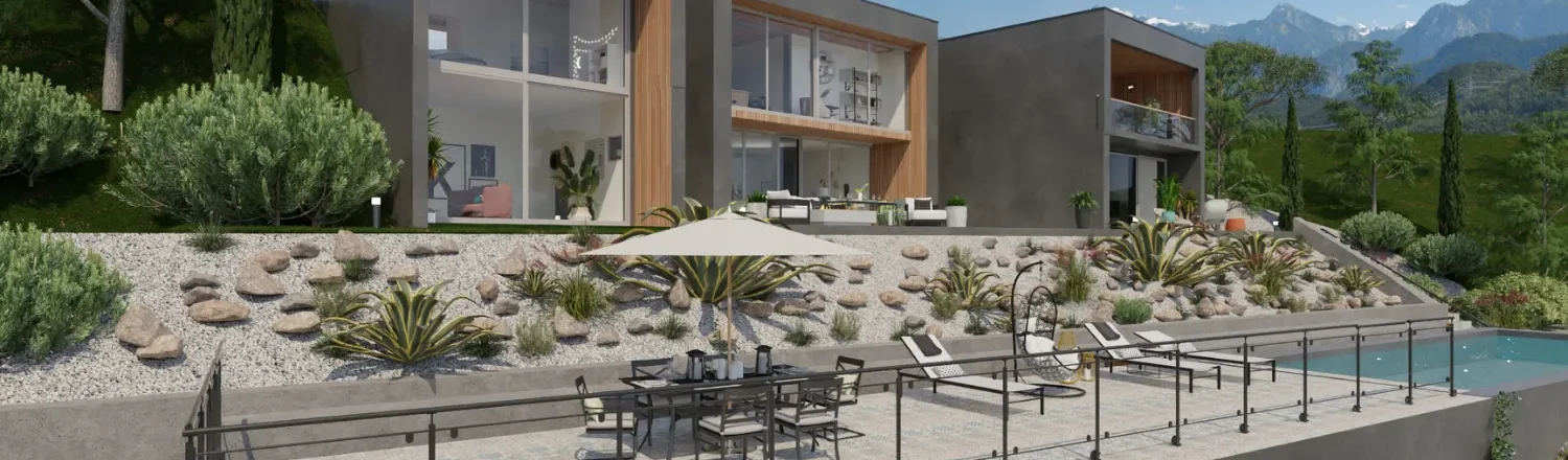 Renderización en 3D de una casa con piscina para el encabezado del blog mejor programa render arquitectura