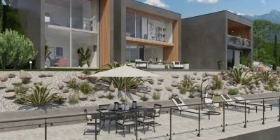 Renderización en 3D de una casa con piscina para el encabezado del blog mejor programa render arquitectura