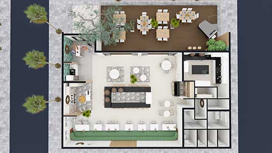 3D restaurant floor plan designed with Cedreo