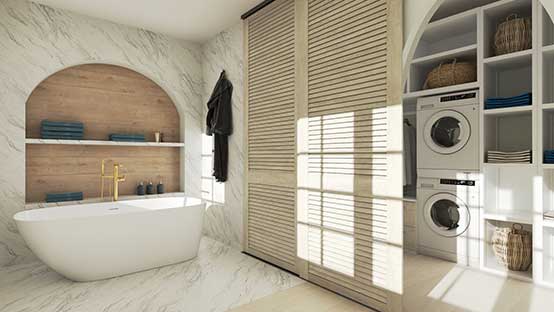 3D render of a bathroom laundry combo designed with Cedreo