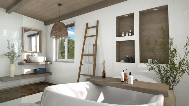 3D render of a bathroom with earthy tones by Cedreo