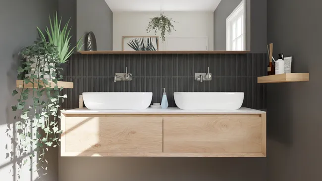 3D render of a black with metal accents bathroom by Cedreo