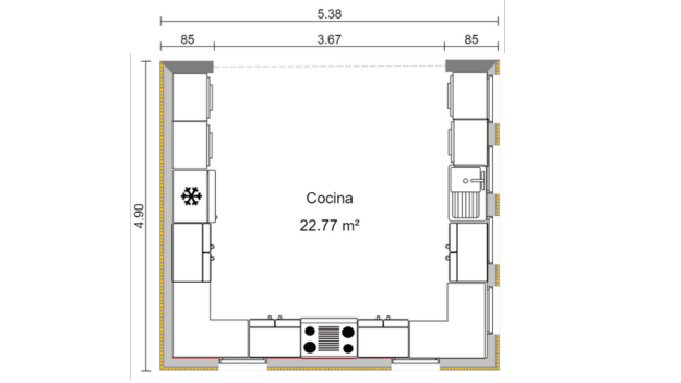 plano 2D de una cocina en forma de U creado con Cedreo