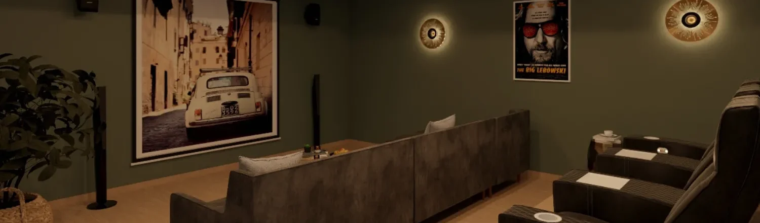 3D render of a home theater designed with Cedreo