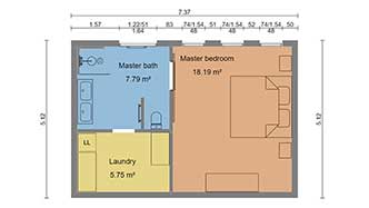 2D layout of master bedroom with laundry