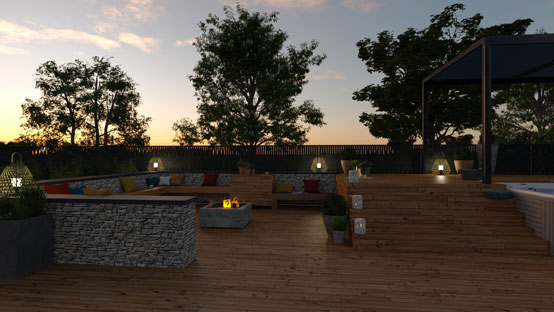 Deck with fire pit at night