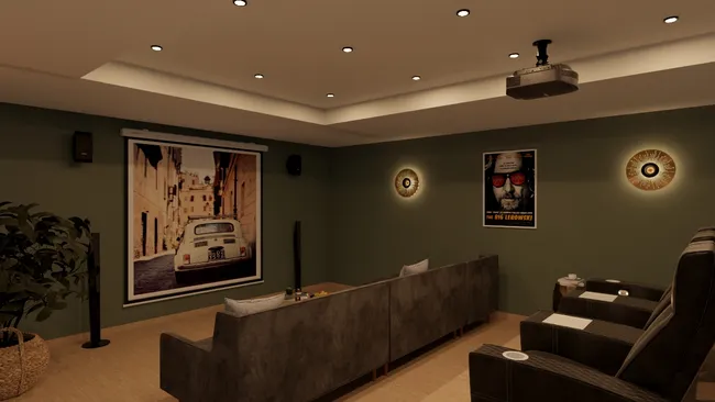 3D render of a home theater designed with Cedreo