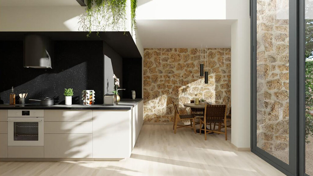 render 3D de una cocina en una casa remodelada creado con Cedreo