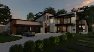 Rendu 3D extérieur de nuit d'une maison neuve moderne