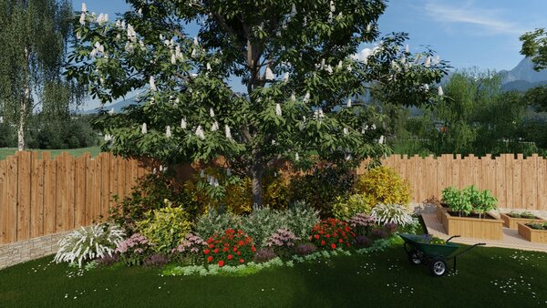 Render 3D de un jardin plantado a diferentes niveles creado con Cedreo