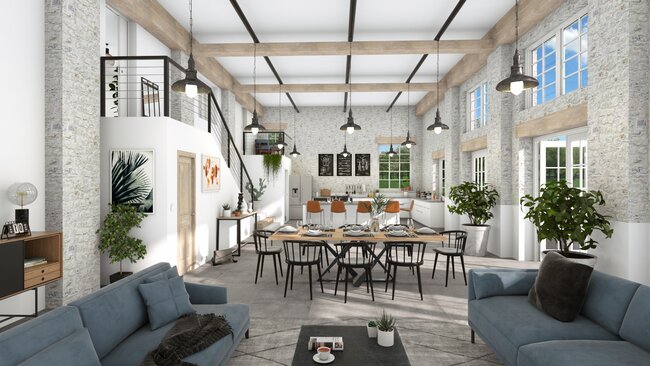 3D render of an open living room with kitchen by Cedreo