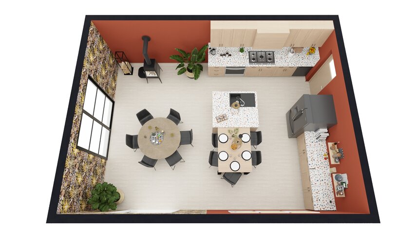 3D floor plan of a full furnished kitchen