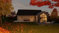 rénovation maison pierres extension bois en L visuel 3D de nuit