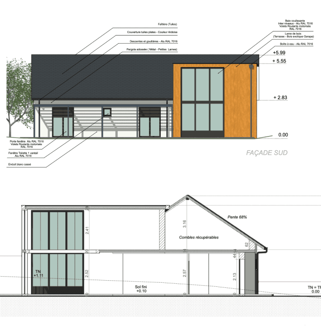 Plans de coupe et façade maison 4 chambres rénovation extension bois