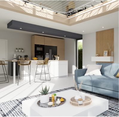 Visuel 3D intérieur salon cuisine ouverte extension bois