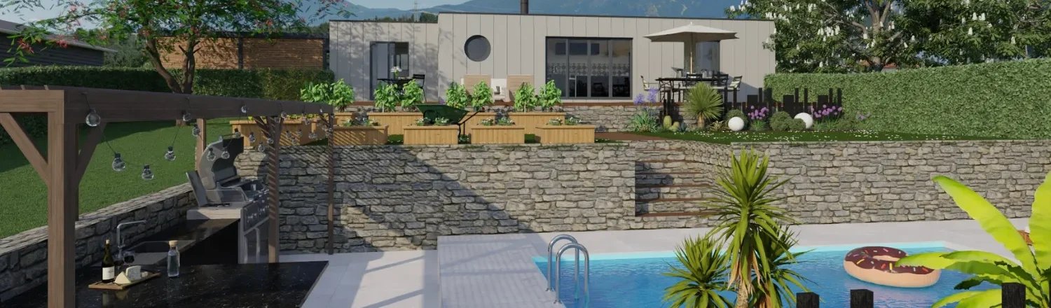 3D render of a garden with pool and landscape by Cedreo