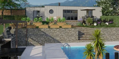3D render of a garden with pool and landscape by Cedreo