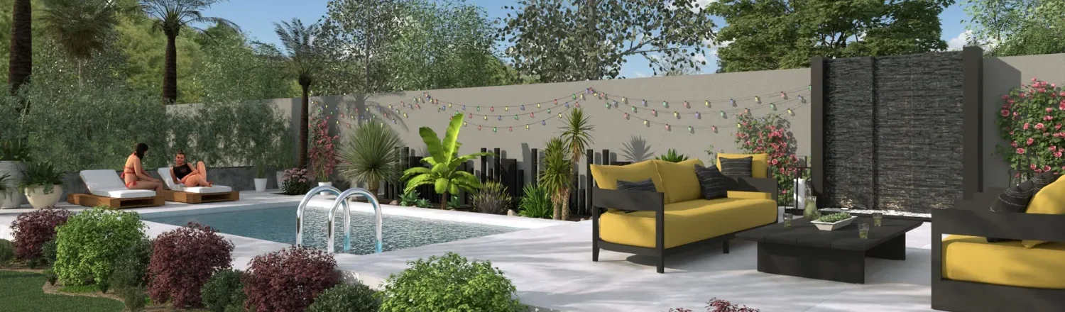 3D render of a garden with pool and landscape by Cedreo