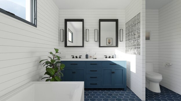 Render 3D de un baño de estilo granjero creado con Cedreo