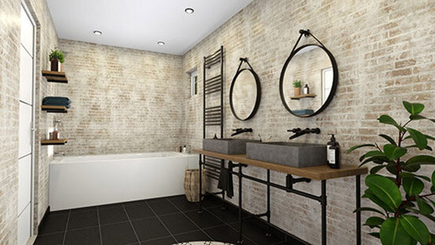 Render 3D de un baño de estilo industrial creado con Cedreo