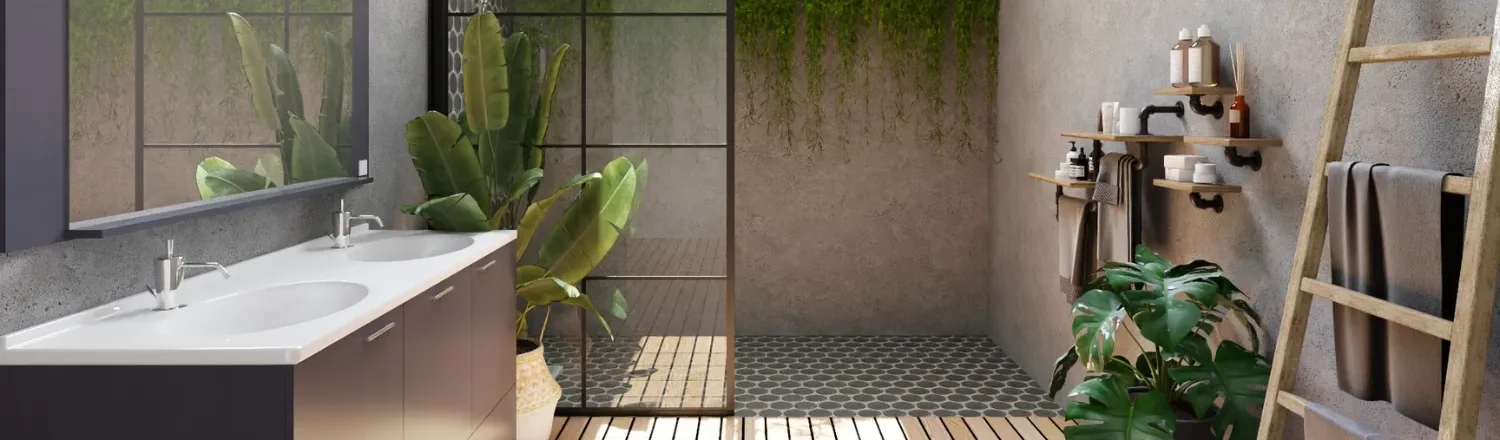 3D render of a modern bathroom for the header of the blog post bathroom design