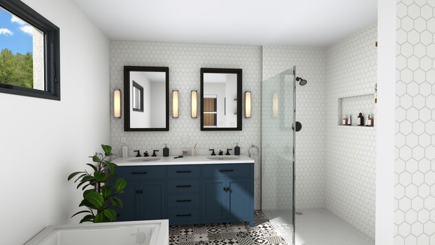 Bathroom with colored cabinets