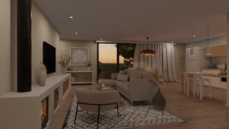render 3D de un sala de estar creado con Cedreo