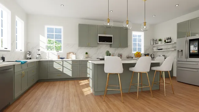 Renderización 3D de una cocina con lámparas colgantes para iluminar la isla, diseñada con Cedreo