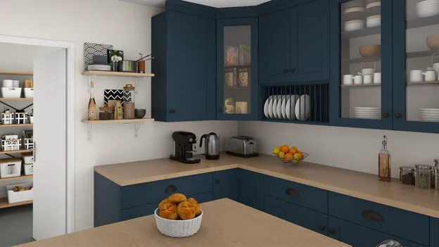 Renderización 3D de una cocina azul diseñada con Cedreo