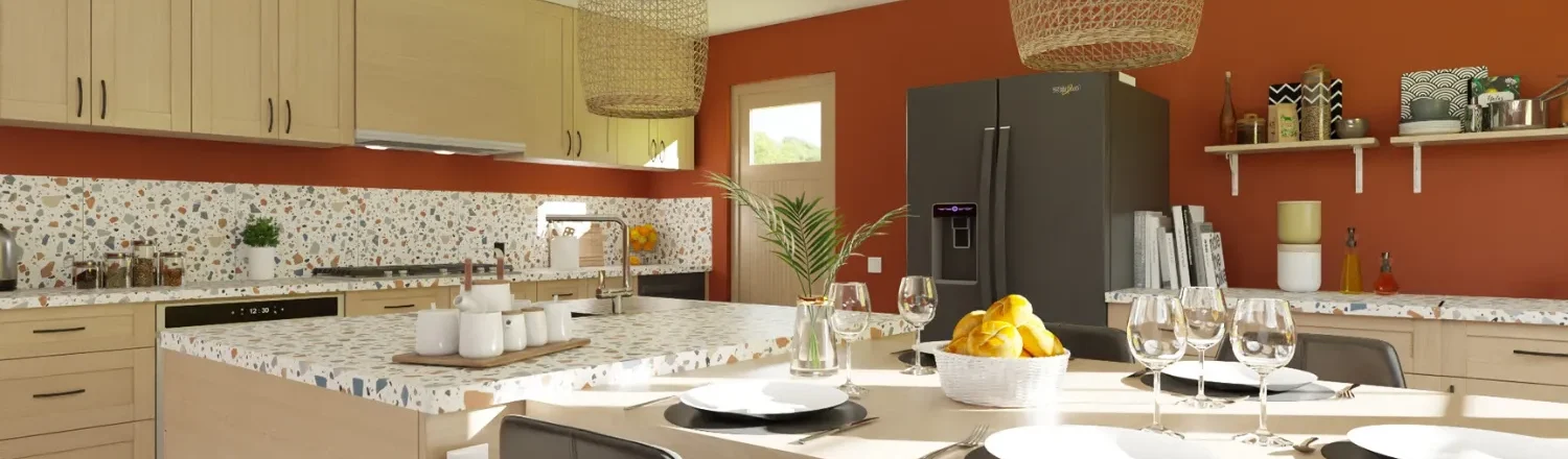 Renderización en 3D de una cocina amueblada realizada con Cedreo.