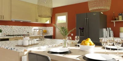 Renderización en 3D de una cocina amueblada realizada con Cedreo.