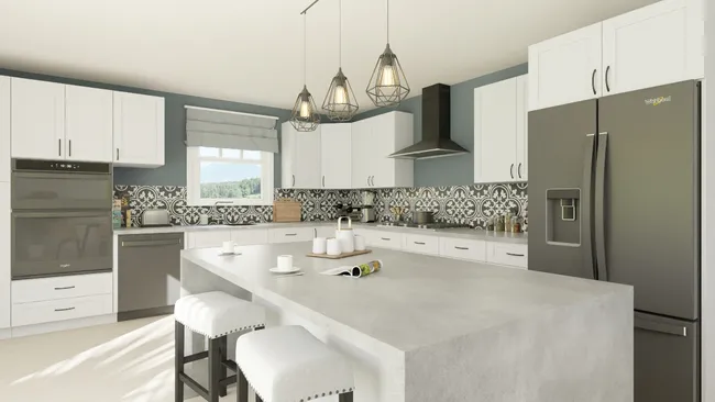 Renderización en 3D de una cocina amueblada en tonos fríos realizada con Cedreo.