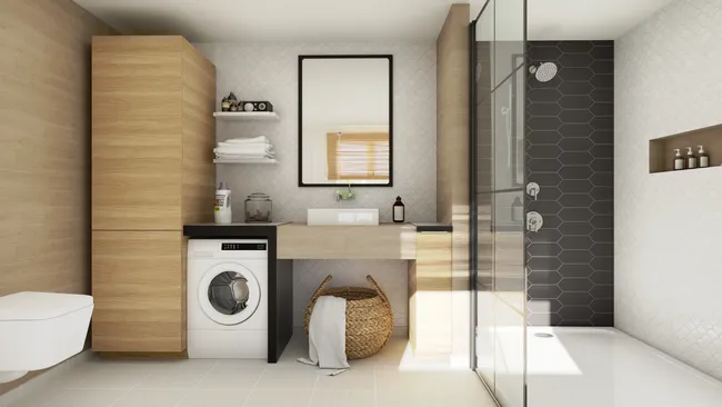 3D render of a bathroom with clever storage by Cedreo