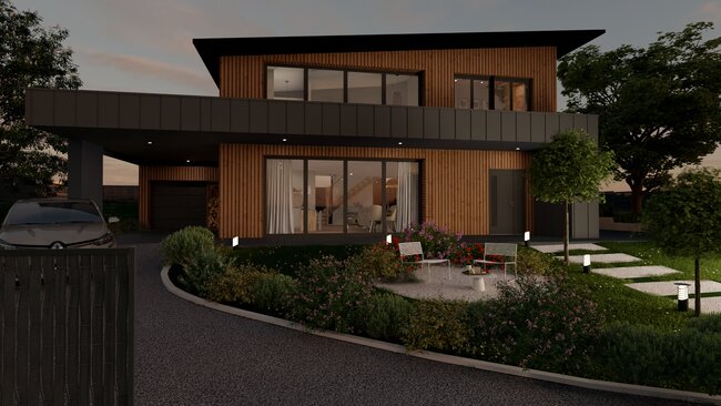 3D render of a modern house at night