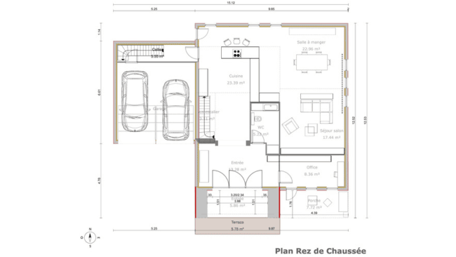 plan 2D du rez de chaussée d'une maison à étage dessiné avec Cedreo